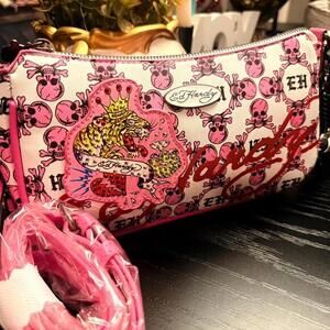 Ed Hardy Pink Skull Tiger Shoulder Bag Crossbody Rhinestone Y2K NWT